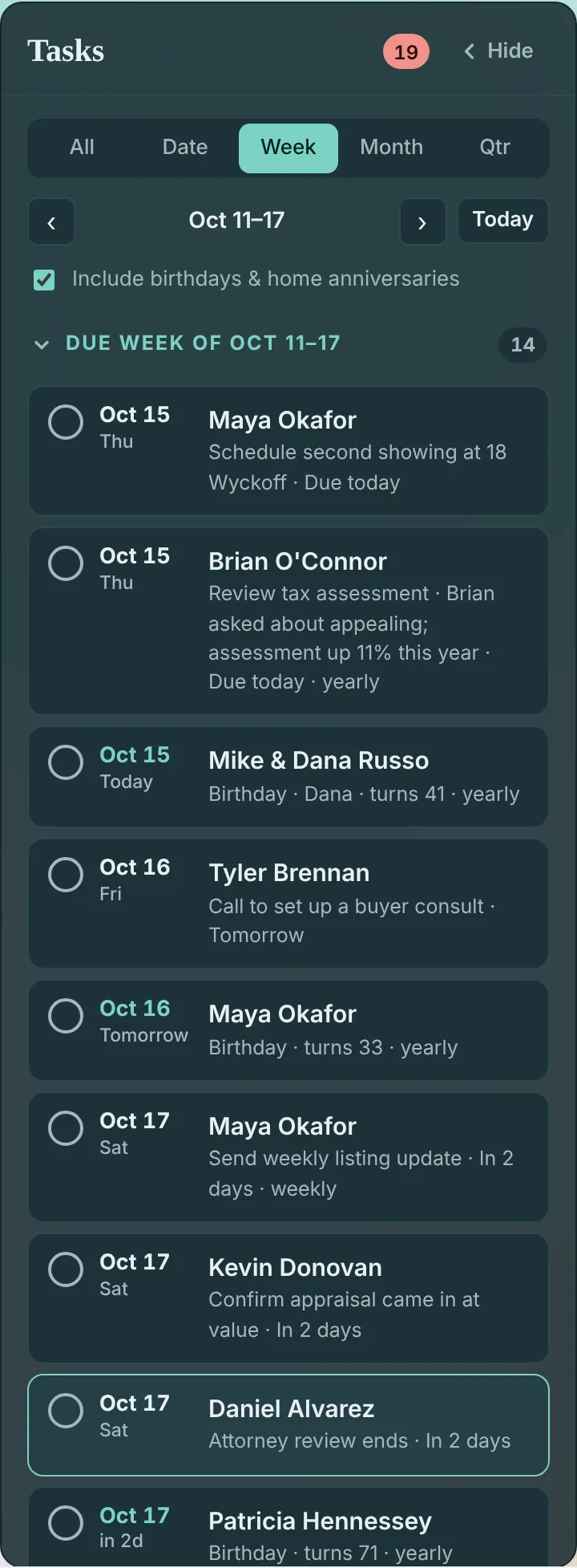 The Tasks panel set to this week: a Due section listing a second showing, a tax assessment review, birthdays and calls to make, with check-off circles beside each.