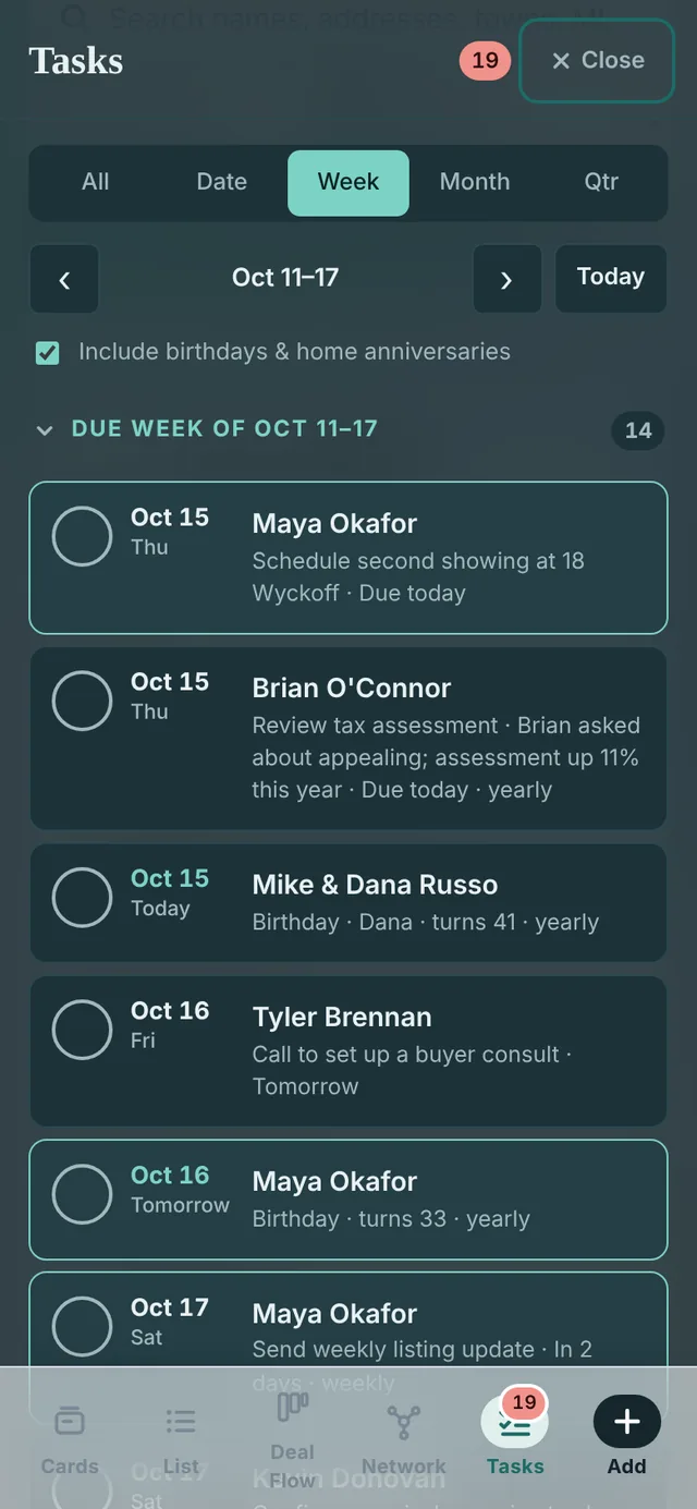 KeyRing's task list on a phone, showing this week's follow-ups.
